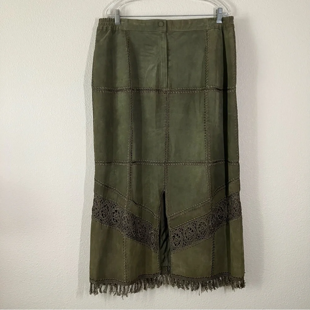 VINTAGE Suede Jacket & Skirt Set Crochet Western Cowgirl Boho Olive Green 2X - Picture 12 of 16